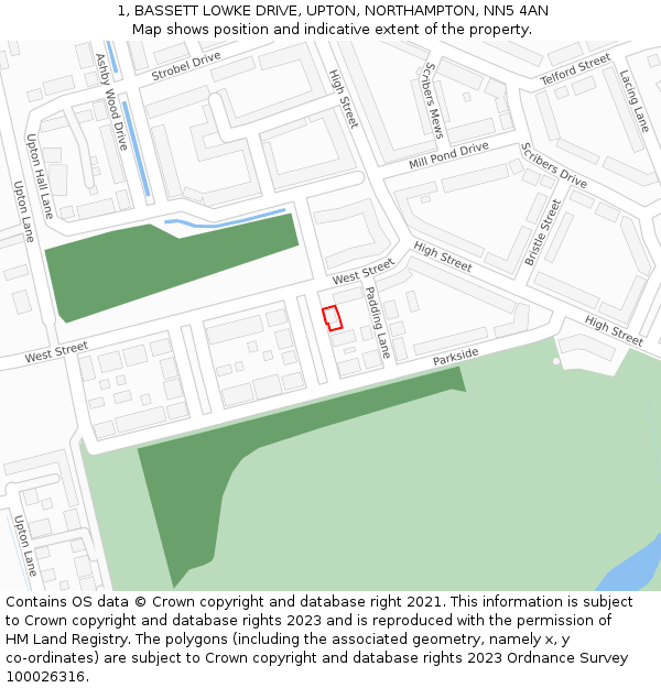 1, BASSETT LOWKE DRIVE, UPTON, NORTHAMPTON, NN5 4AN: Location map and indicative extent of plot