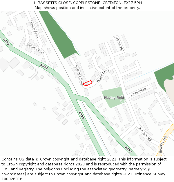 1, BASSETTS CLOSE, COPPLESTONE, CREDITON, EX17 5PH: Location map and indicative extent of plot