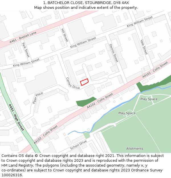 1, BATCHELOR CLOSE, STOURBRIDGE, DY8 4AX: Location map and indicative extent of plot