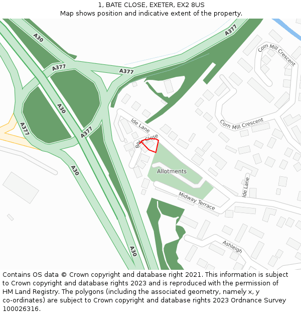 1, BATE CLOSE, EXETER, EX2 8US: Location map and indicative extent of plot