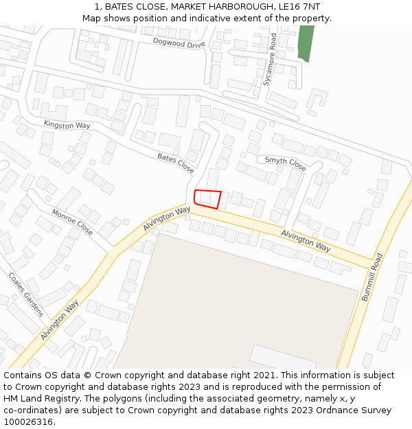 1, BATES CLOSE, MARKET HARBOROUGH, LE16 7NT: Location map and indicative extent of plot