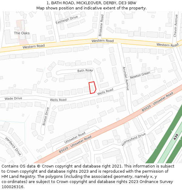 1, BATH ROAD, MICKLEOVER, DERBY, DE3 9BW: Location map and indicative extent of plot