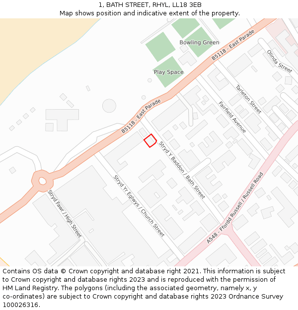 1, BATH STREET, RHYL, LL18 3EB: Location map and indicative extent of plot