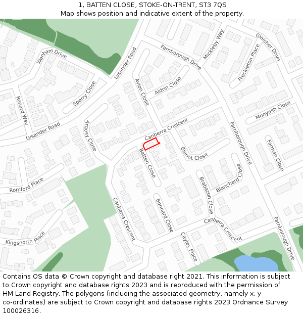 1, BATTEN CLOSE, STOKE-ON-TRENT, ST3 7QS: Location map and indicative extent of plot