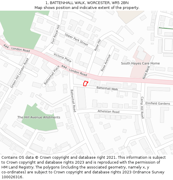 1, BATTENHALL WALK, WORCESTER, WR5 2BN: Location map and indicative extent of plot