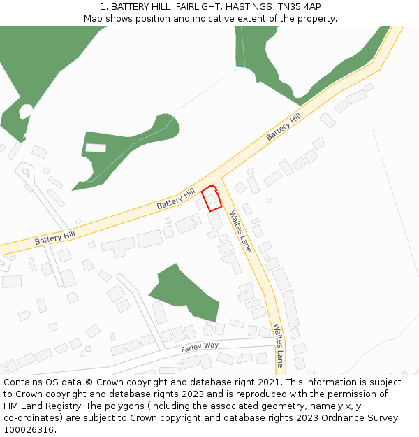 1, BATTERY HILL, FAIRLIGHT, HASTINGS, TN35 4AP: Location map and indicative extent of plot