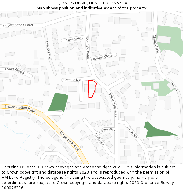 1, BATTS DRIVE, HENFIELD, BN5 9TX: Location map and indicative extent of plot