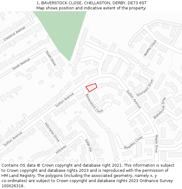 1, BAVERSTOCK CLOSE, CHELLASTON, DERBY, DE73 6ST: Location map and indicative extent of plot