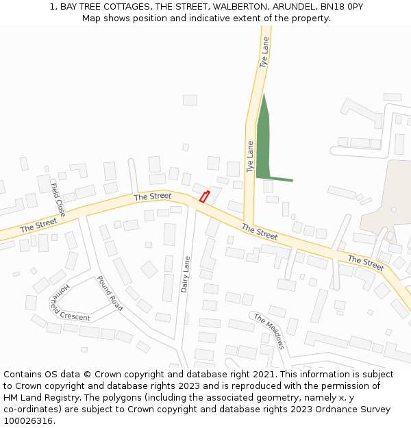 1, BAY TREE COTTAGES, THE STREET, WALBERTON, ARUNDEL, BN18 0PY: Location map and indicative extent of plot