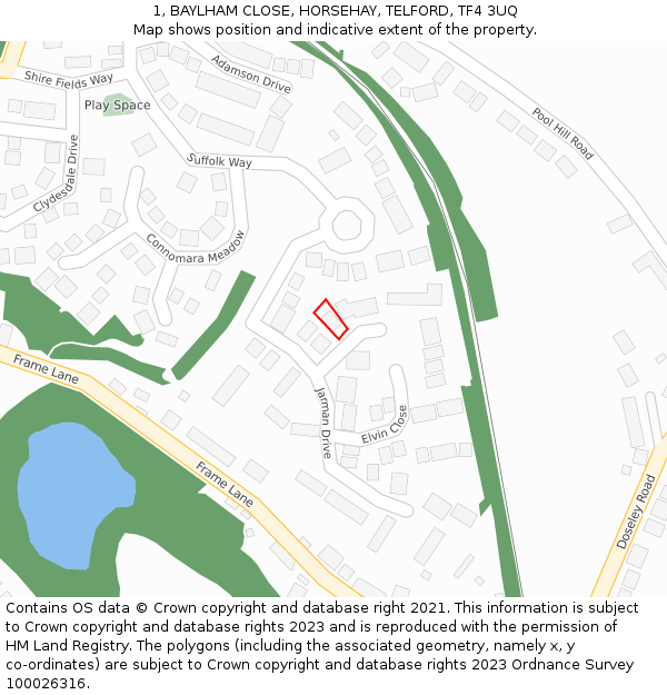 1, BAYLHAM CLOSE, HORSEHAY, TELFORD, TF4 3UQ: Location map and indicative extent of plot
