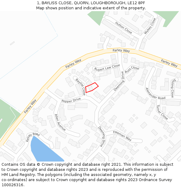 1, BAYLISS CLOSE, QUORN, LOUGHBOROUGH, LE12 8PF: Location map and indicative extent of plot