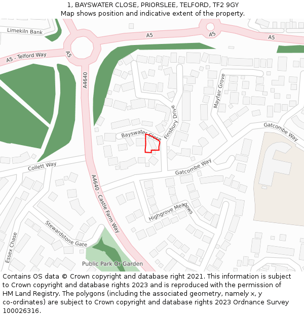 1, BAYSWATER CLOSE, PRIORSLEE, TELFORD, TF2 9GY: Location map and indicative extent of plot