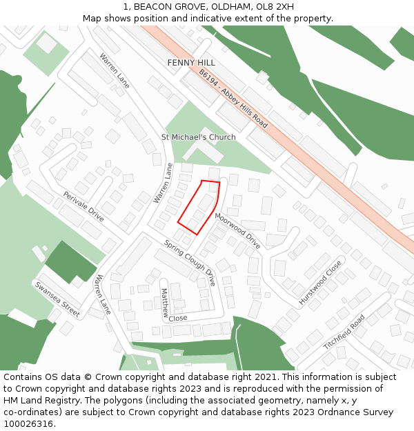 1, BEACON GROVE, OLDHAM, OL8 2XH: Location map and indicative extent of plot