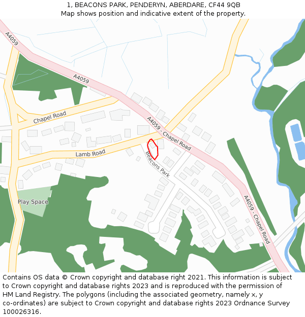 1, BEACONS PARK, PENDERYN, ABERDARE, CF44 9QB: Location map and indicative extent of plot