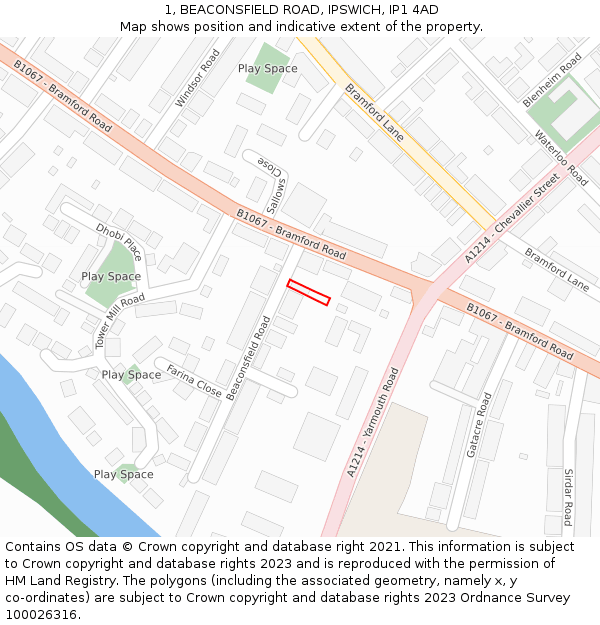 1, BEACONSFIELD ROAD, IPSWICH, IP1 4AD: Location map and indicative extent of plot