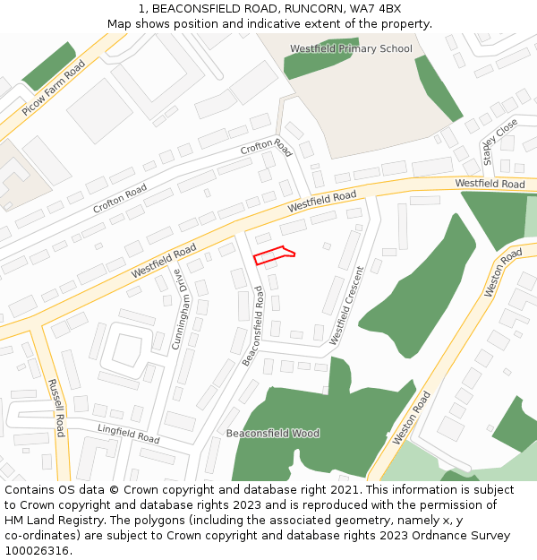 1, BEACONSFIELD ROAD, RUNCORN, WA7 4BX: Location map and indicative extent of plot