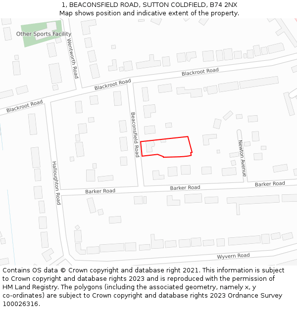 1, BEACONSFIELD ROAD, SUTTON COLDFIELD, B74 2NX: Location map and indicative extent of plot
