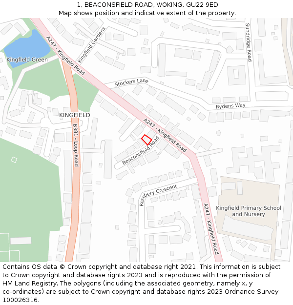 1, BEACONSFIELD ROAD, WOKING, GU22 9ED: Location map and indicative extent of plot