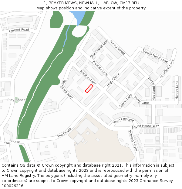 1, BEAKER MEWS, NEWHALL, HARLOW, CM17 9FU: Location map and indicative extent of plot