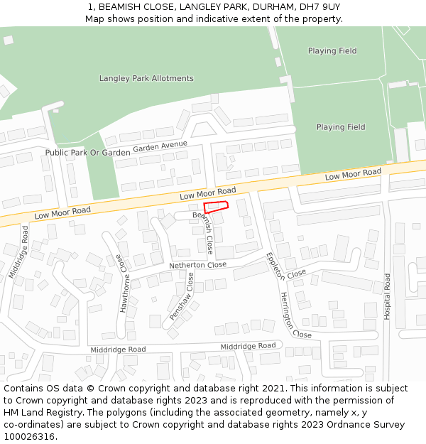 1, BEAMISH CLOSE, LANGLEY PARK, DURHAM, DH7 9UY: Location map and indicative extent of plot