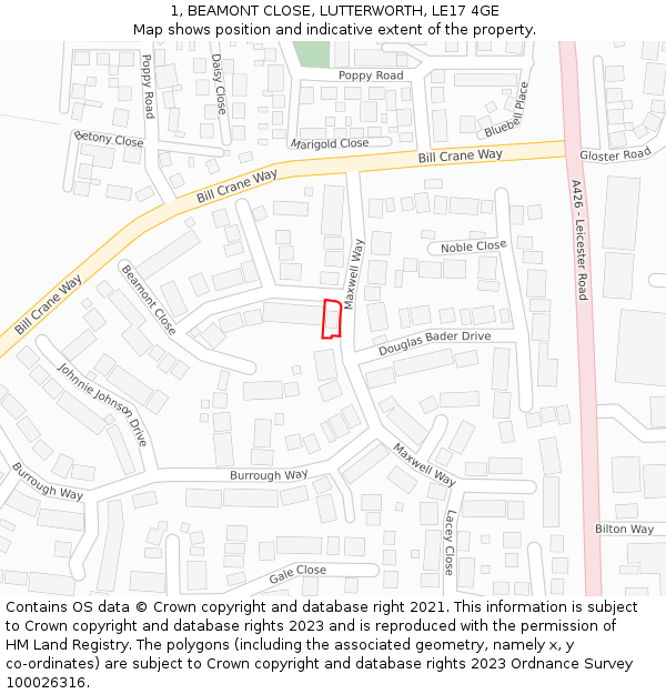 1, BEAMONT CLOSE, LUTTERWORTH, LE17 4GE: Location map and indicative extent of plot