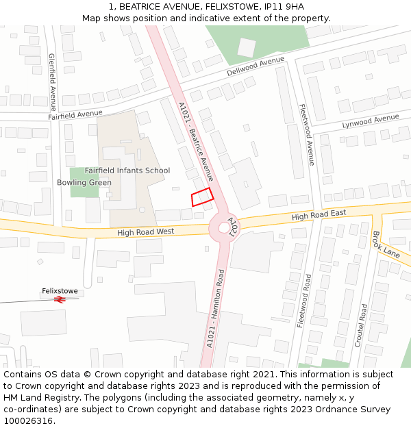 1, BEATRICE AVENUE, FELIXSTOWE, IP11 9HA: Location map and indicative extent of plot