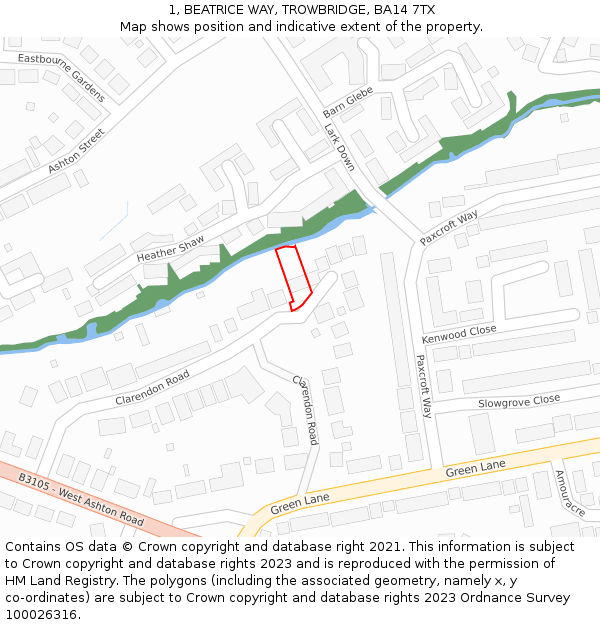 1, BEATRICE WAY, TROWBRIDGE, BA14 7TX: Location map and indicative extent of plot