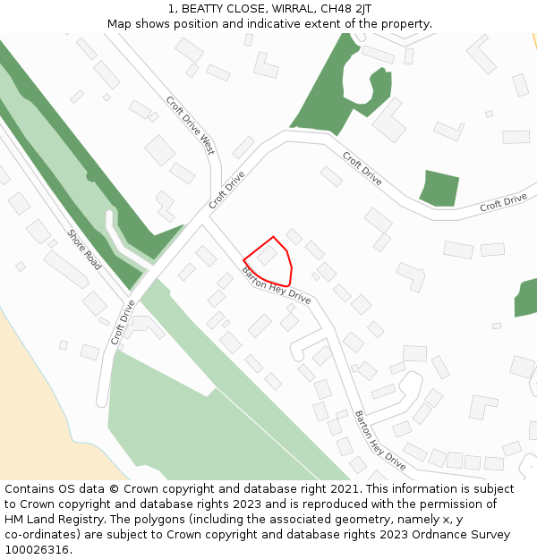 1, BEATTY CLOSE, WIRRAL, CH48 2JT: Location map and indicative extent of plot