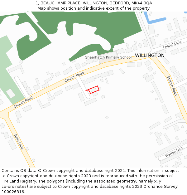 1, BEAUCHAMP PLACE, WILLINGTON, BEDFORD, MK44 3QA: Location map and indicative extent of plot