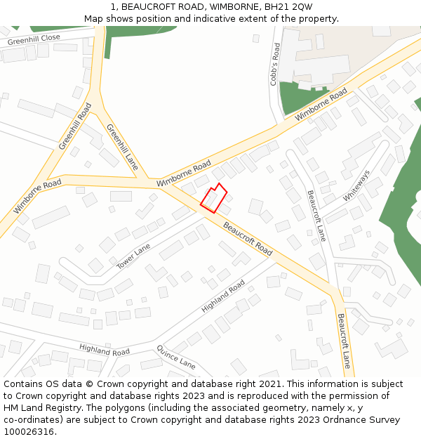 1, BEAUCROFT ROAD, WIMBORNE, BH21 2QW: Location map and indicative extent of plot