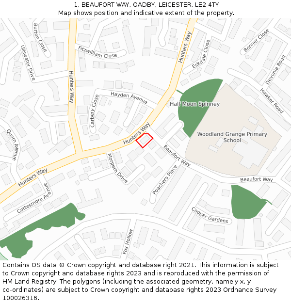 1, BEAUFORT WAY, OADBY, LEICESTER, LE2 4TY: Location map and indicative extent of plot