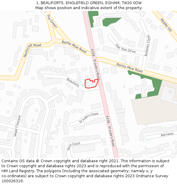 1, BEAUFORTS, ENGLEFIELD GREEN, EGHAM, TW20 0DW: Location map and indicative extent of plot