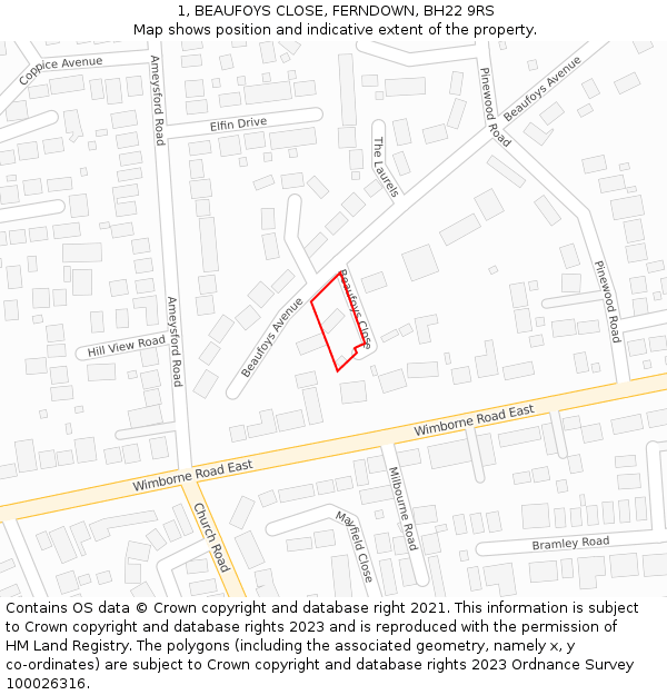 1, BEAUFOYS CLOSE, FERNDOWN, BH22 9RS: Location map and indicative extent of plot