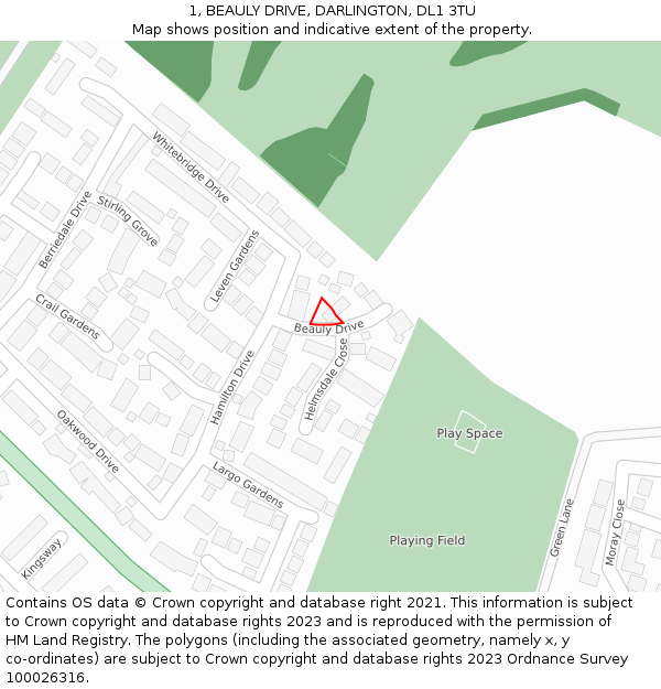 1, BEAULY DRIVE, DARLINGTON, DL1 3TU: Location map and indicative extent of plot