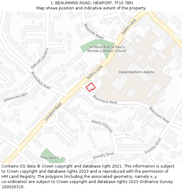 1, BEAUMARIS ROAD, NEWPORT, TF10 7BN: Location map and indicative extent of plot