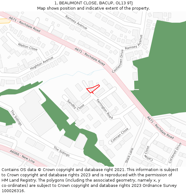 1, BEAUMONT CLOSE, BACUP, OL13 9TJ: Location map and indicative extent of plot