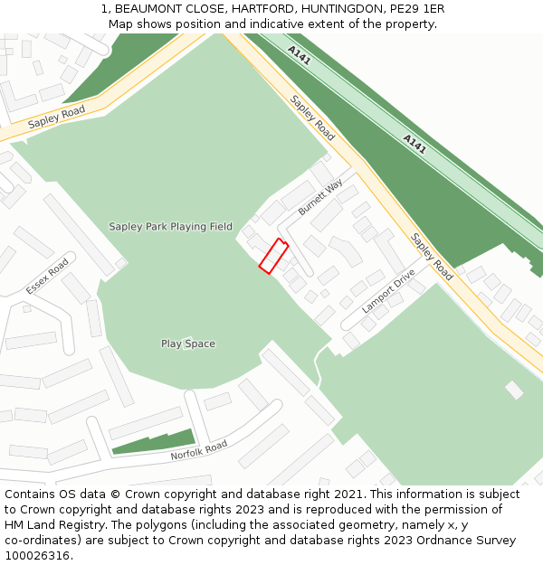 1, BEAUMONT CLOSE, HARTFORD, HUNTINGDON, PE29 1ER: Location map and indicative extent of plot