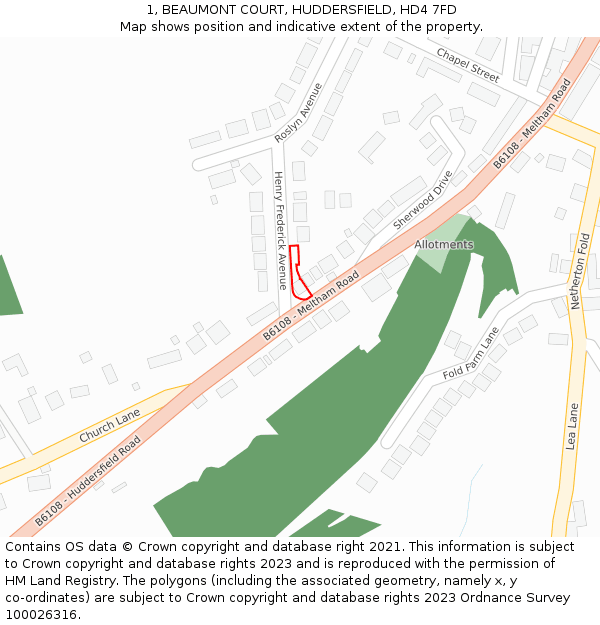 1, BEAUMONT COURT, HUDDERSFIELD, HD4 7FD: Location map and indicative extent of plot