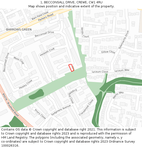 1, BECCONSALL DRIVE, CREWE, CW1 4RU: Location map and indicative extent of plot