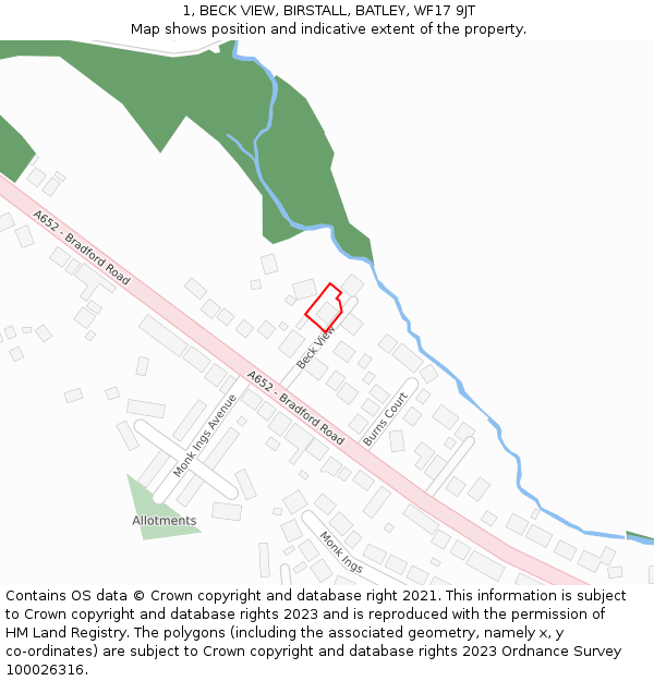 1, BECK VIEW, BIRSTALL, BATLEY, WF17 9JT: Location map and indicative extent of plot