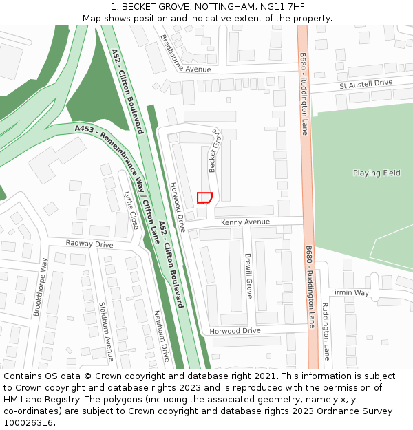 1, BECKET GROVE, NOTTINGHAM, NG11 7HF: Location map and indicative extent of plot