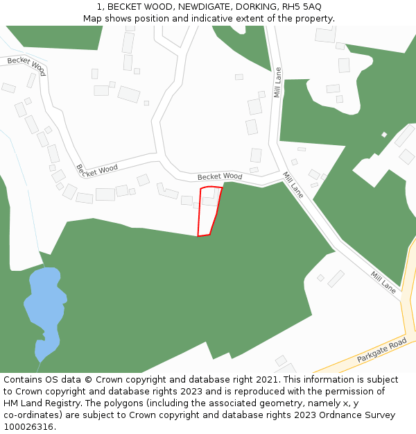 1, BECKET WOOD, NEWDIGATE, DORKING, RH5 5AQ: Location map and indicative extent of plot