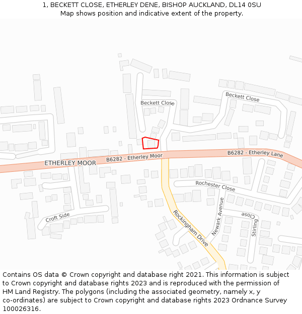 1, BECKETT CLOSE, ETHERLEY DENE, BISHOP AUCKLAND, DL14 0SU: Location map and indicative extent of plot