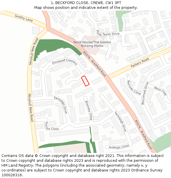 1, BECKFORD CLOSE, CREWE, CW1 3PT: Location map and indicative extent of plot