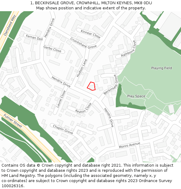 1, BECKINSALE GROVE, CROWNHILL, MILTON KEYNES, MK8 0DU: Location map and indicative extent of plot