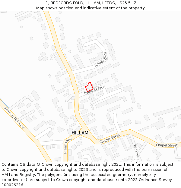 1, BEDFORDS FOLD, HILLAM, LEEDS, LS25 5HZ: Location map and indicative extent of plot