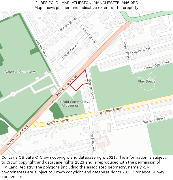 1, BEE FOLD LANE, ATHERTON, MANCHESTER, M46 0BD: Location map and indicative extent of plot