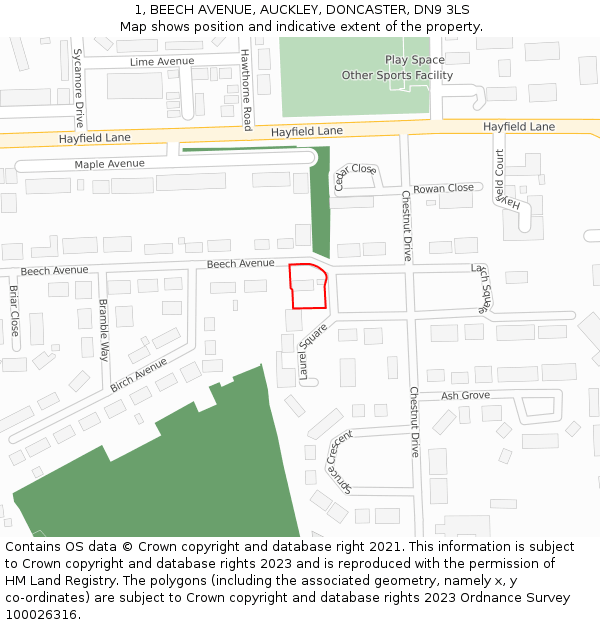 1, BEECH AVENUE, AUCKLEY, DONCASTER, DN9 3LS: Location map and indicative extent of plot