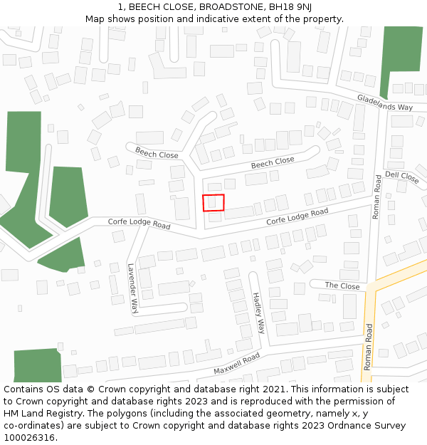 1, BEECH CLOSE, BROADSTONE, BH18 9NJ: Location map and indicative extent of plot