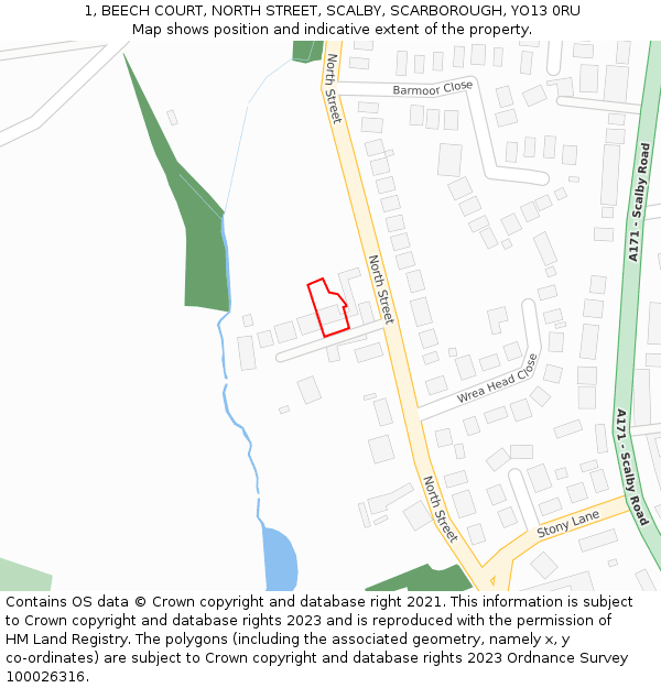 1, BEECH COURT, NORTH STREET, SCALBY, SCARBOROUGH, YO13 0RU: Location map and indicative extent of plot